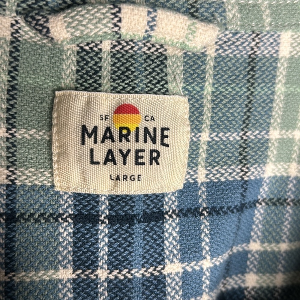 Marine Layer Classic Fit Long Sleeve Selvage Shirt in White/Blue Plaid Large - Picture 4 of 7